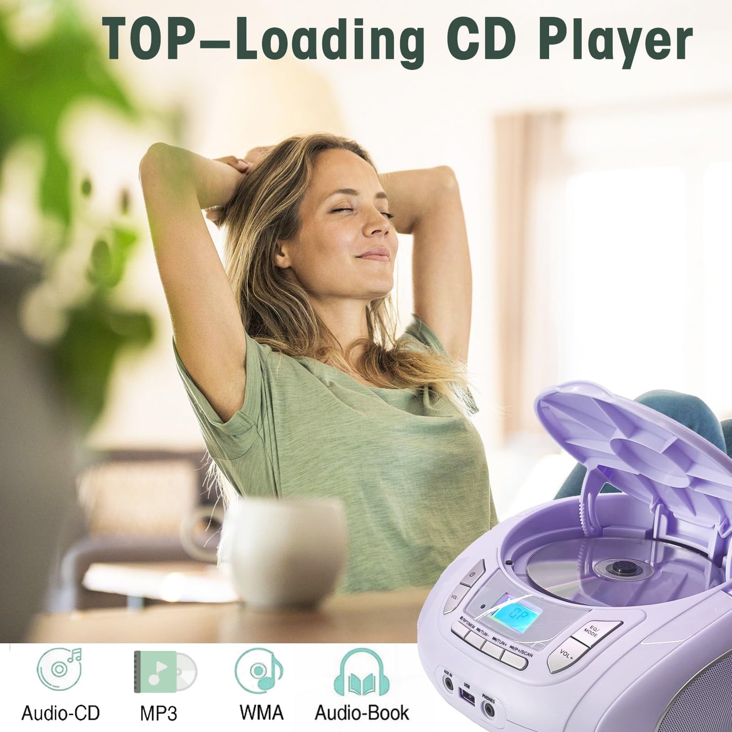 Portable CD Player for Kids - Radio CD Boombox with Bluetooth, FM Radio, USB Input & AUX Connection & Headphone Jack, CD Player for home or on the go (Light Purple)