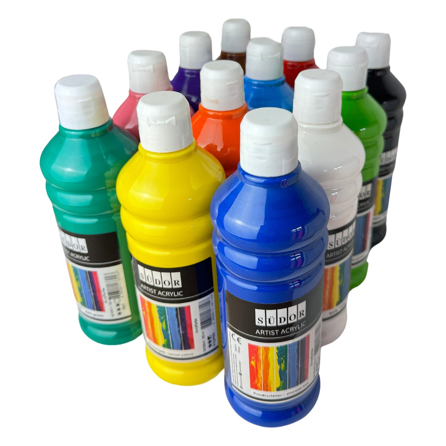 24 color set of acrylic paints, each 500 ml. Highly pigmented and opaque painting colors for canvas, pouring, wood, stone, paper, fabric, metal, etc. All-purpose colors. 24 x 500ml.