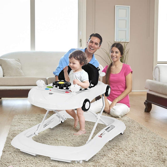 RELAX4LIFE Adjustable Height Baby Walker, Walker with 4 Wheels & Removable Tabletop, Foldable Walking Assistant, Car-shaped Walker with Music & Lights, for Babies aged 6-18 Months (White)