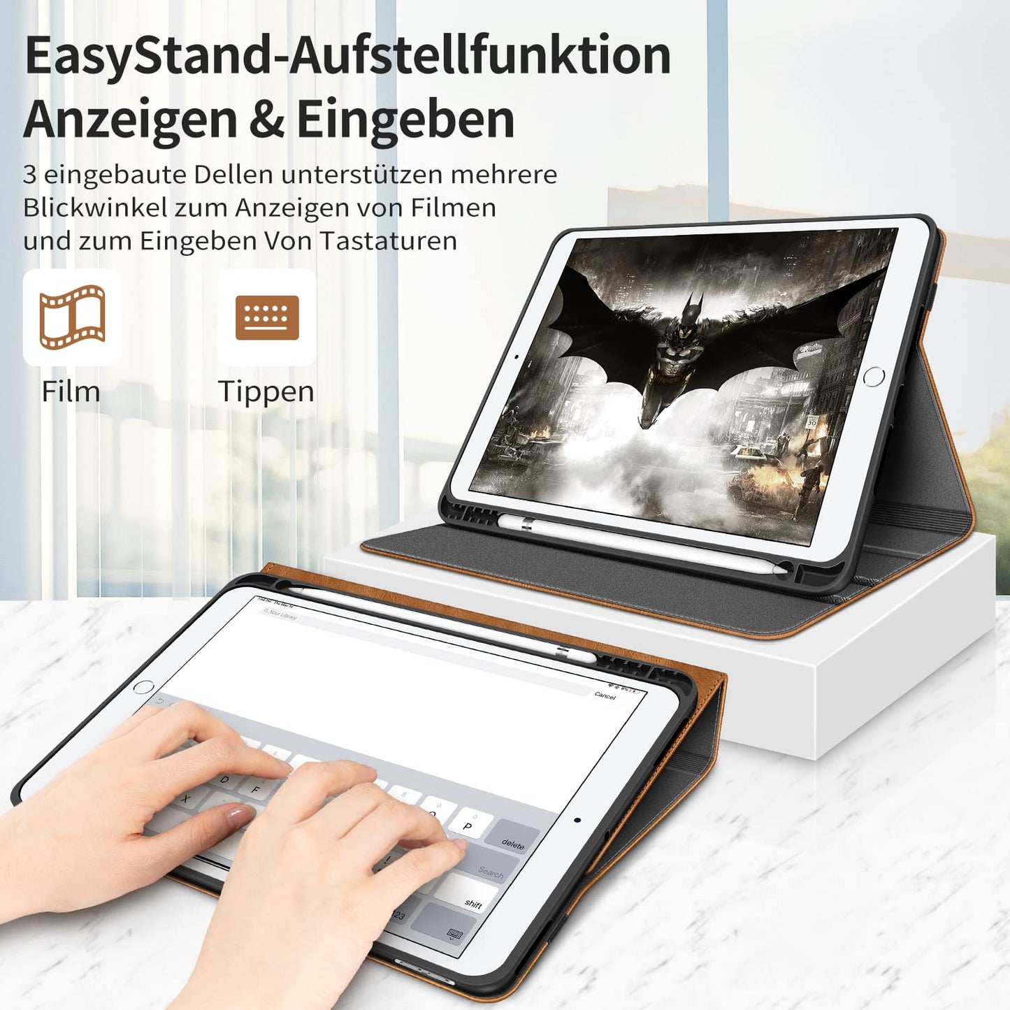 HOLIMET iPad 9th Generation case with pencil holder, 2021/2020/2019 iPad 8/7th Generation PU leather case TPU back cover protective case shockproof, auto sleep/wake for 10.2 inch iPad 9-Brown