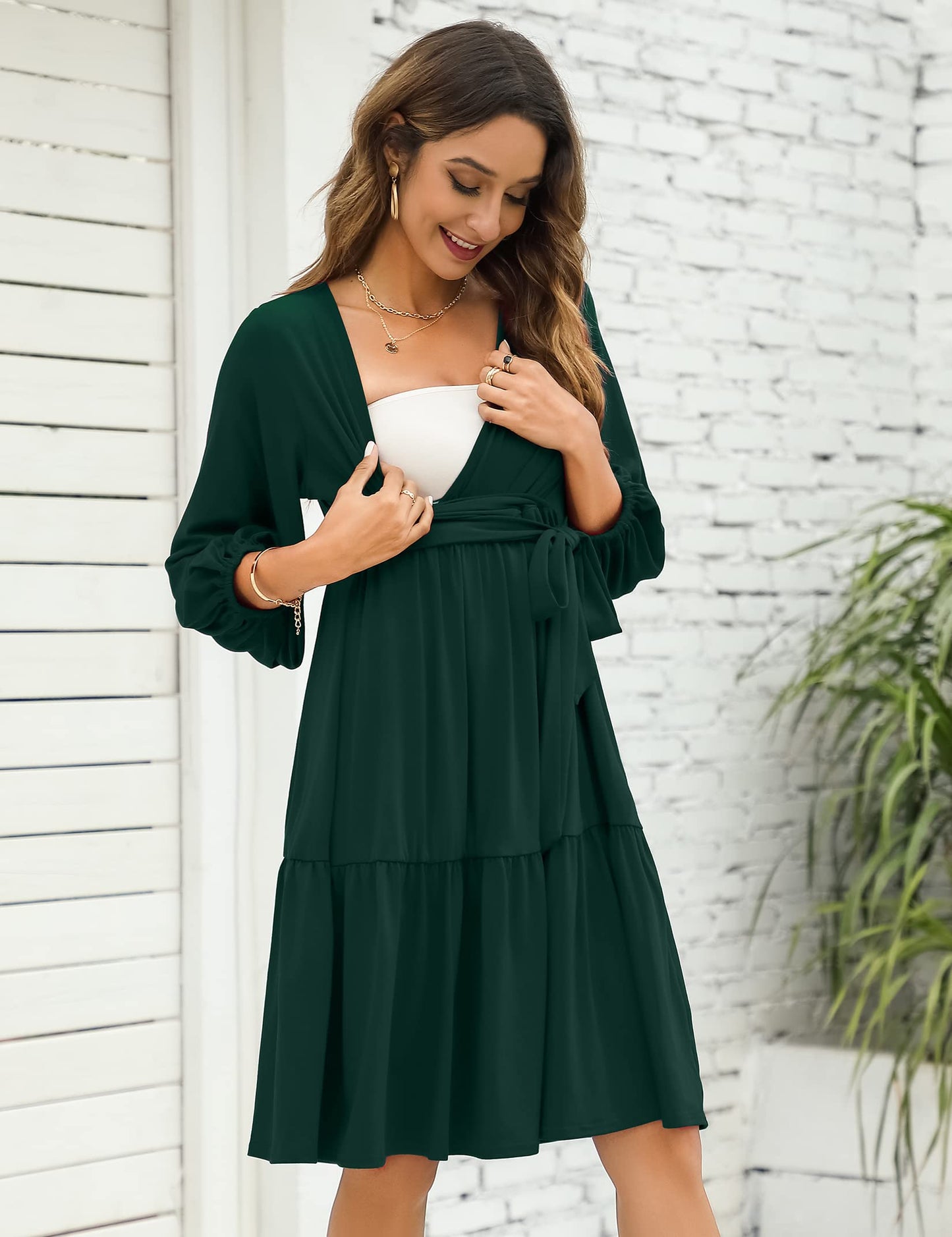 KOJOOIN Women's Maternity Dresses V-Neck 3/4 Sleeve Ruffle Pregnancy Dresses with Belt Dark Green (3/4 Sleeve) M