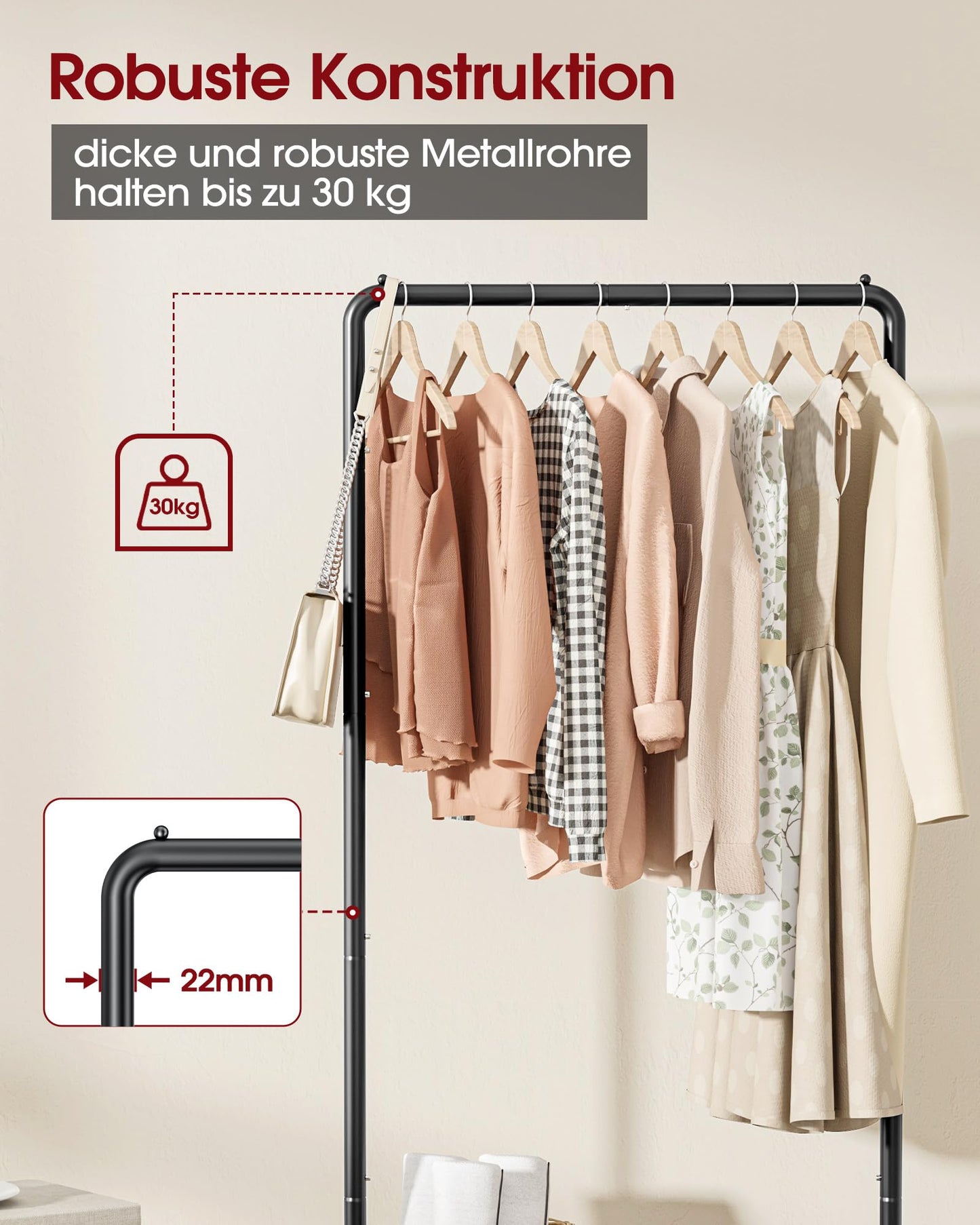 Sakugi clothes rack - rolling clothes rack, garment rack with storage shelf, sturdy metal coat stand for dresses, clothes, sweaters, coats, Clothes Rack (Black, Medium)