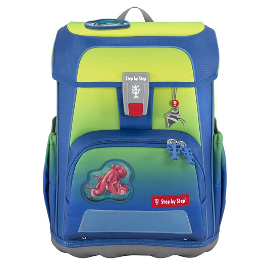 Step by Step school bag set, Cloud Ocean Red Octopus Pius, 5 pieces, yellow-blue Octopus design, ergonomic backpack with reflectors, height adjustable with hip belt, for 1st to 4th grade, 19L.