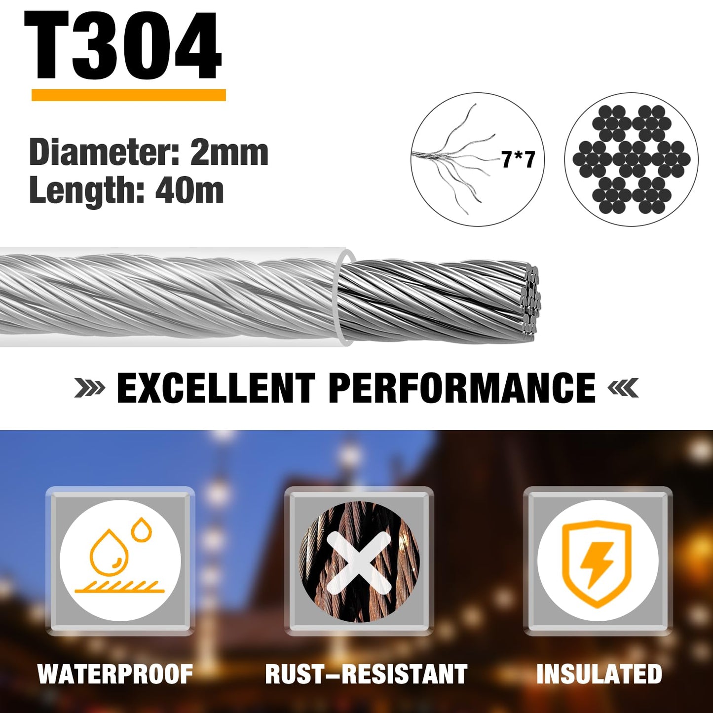 40m 2mm wire rope, CGBOOM 304 stainless steel wire rope tensioner, steel wire coated, with eyelets cable tensioning set, for climbing plants trellis, clothesline, curtain wire, lights, deck cable railing