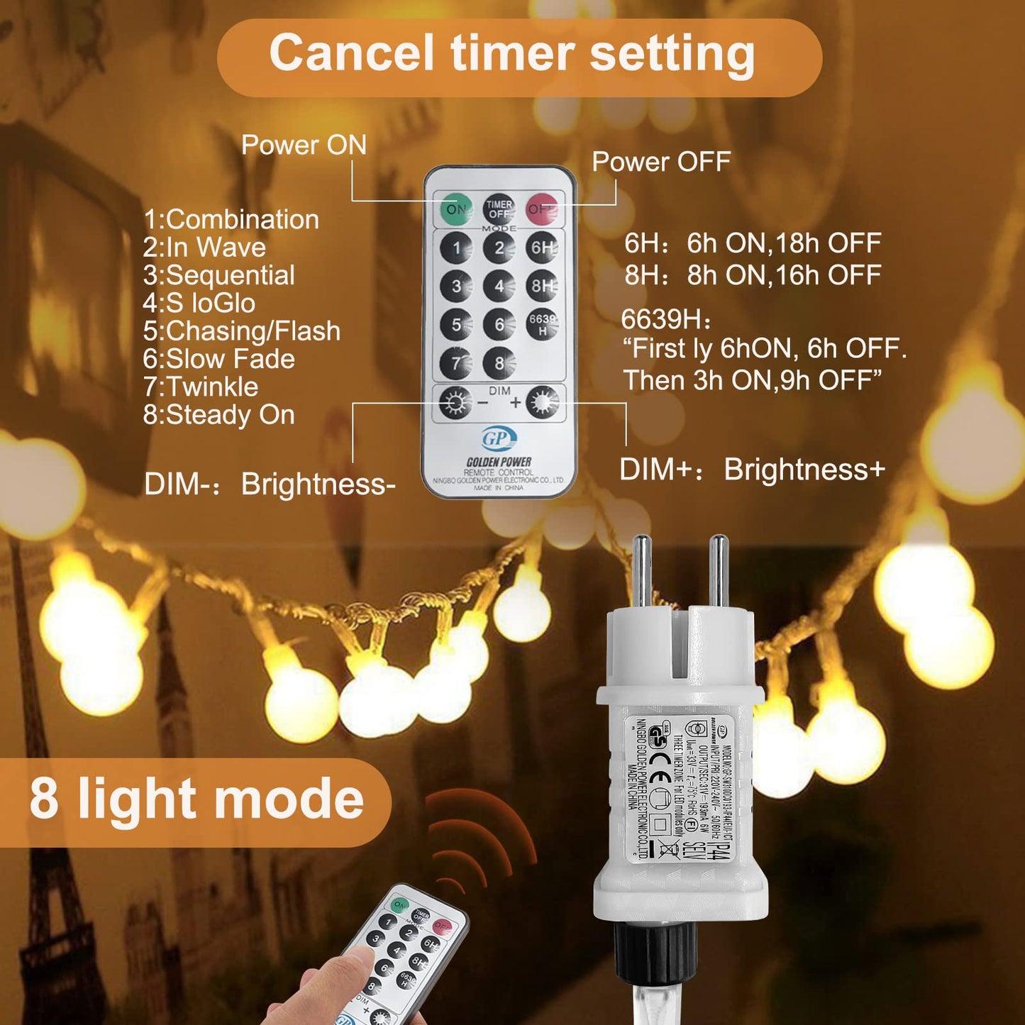 Ball String Lights, WOWDSGN 200 LEDs 20m Dimmable, plug-in party lights for indoor and outdoor, 8 light modes, energy-saving, perfect for Christmas, wedding, party, garden, warm white