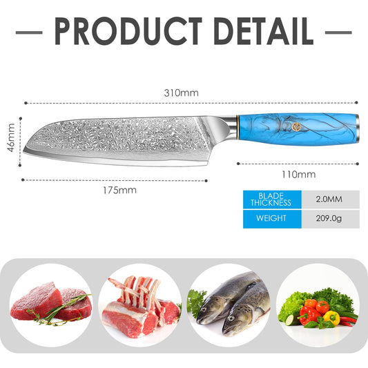 Home Safety Santoku Knife, Damascus Knife, Damascus Sushi Knife with Extremely Sharp 17.5 cm Blade Vegetable Knife made of 67 Layers of Vg-10 Damascus Steel Ergonomic Resin Handle, Gift Box