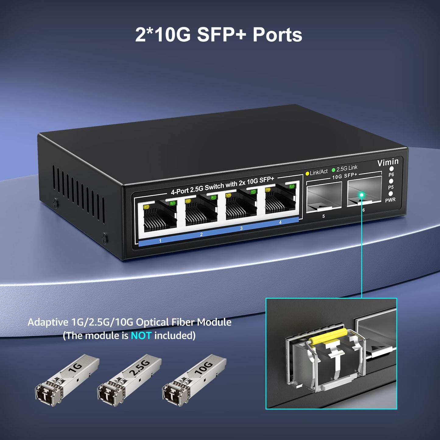 6 Port 2.5G Unmanaged Network Switch, VIMIN 4X 2.5Gbase-T Ports, 2X 10G SFP+ Port, 60Gbps Switching Capacity, IEEE802.3, Metal Housing, Fanless, suitable for 2.5Gbps NAS, Wireless AP & PC.