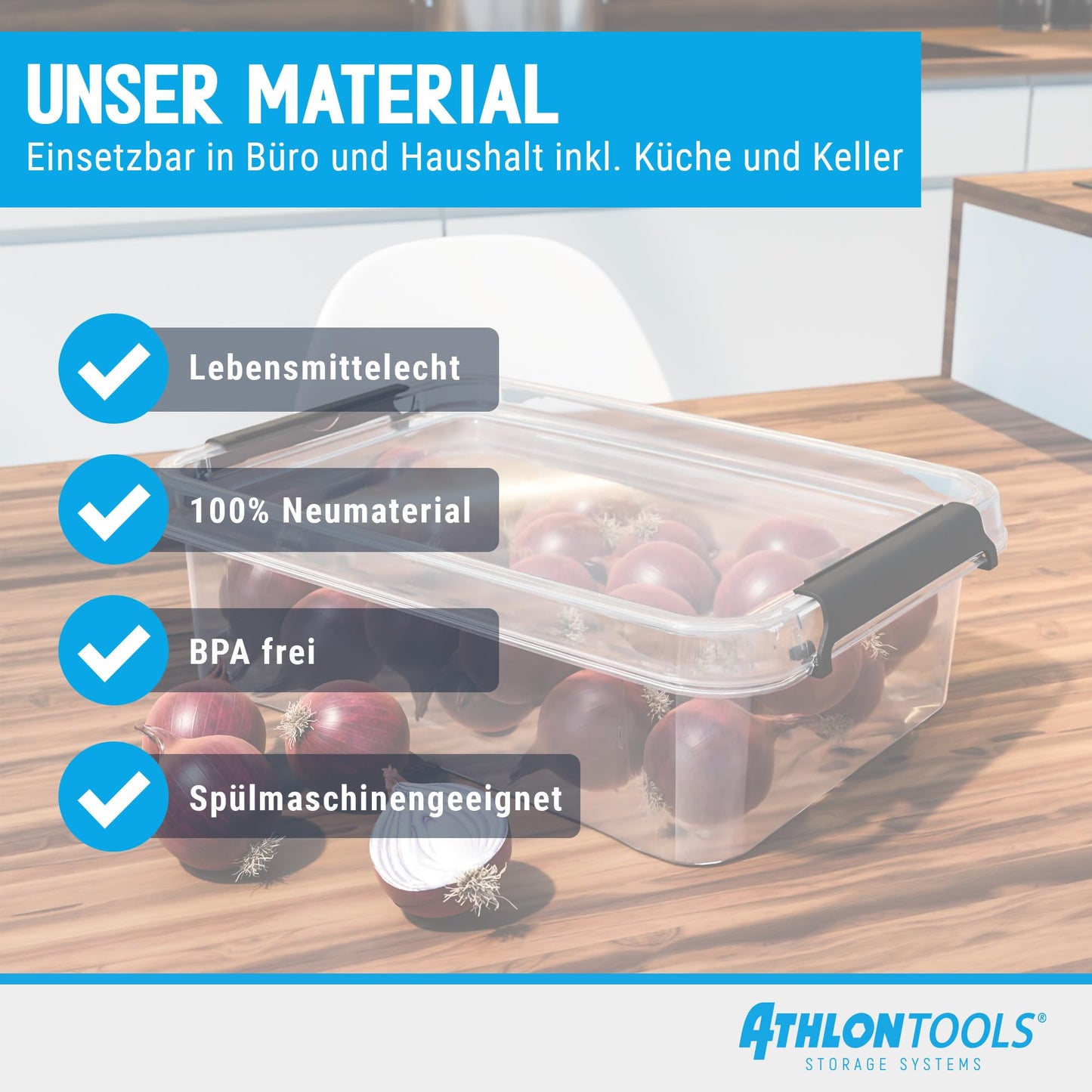 ATHLON TOOLS 4x 80L storage boxes with lids, food safe - snap-on clips - 100% new material plastic box transparent - stackable clothes boxes