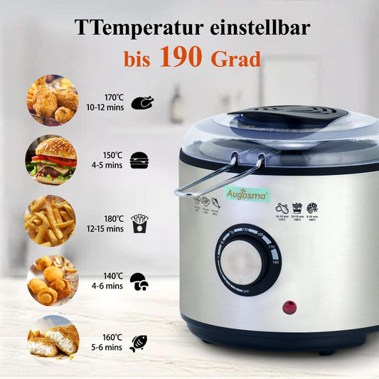 Augosma Mini Deep Fryer With Oil | 850-950W | Capacity: 1 liter | Viewing window | Stainless steel frying basket | Adjustable temperature | Heat insulated | Non-slip rubber feet | White