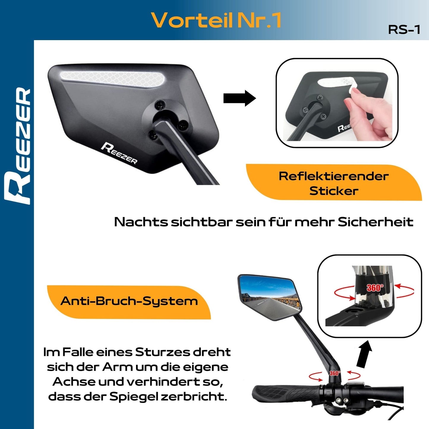 REEZER Bike Mirror right with extra large mirror surface - 360° adjustable bike mirror for E-bike & E-scooter handlebars - rearview mirror compatible with all models - E-bike accessory - RIGHT
