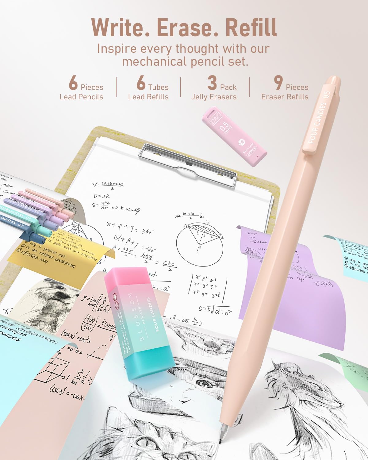 Four Candies 39-Piece School Supplies with Pencil Case, 12 Pastel Highlighters, 5 Gel Pens, 6 Mechanical Pencil Set, Aesthetic Pens, and Cool Stuff for Teenage Girls School Essentials Clean Girl (Cream)