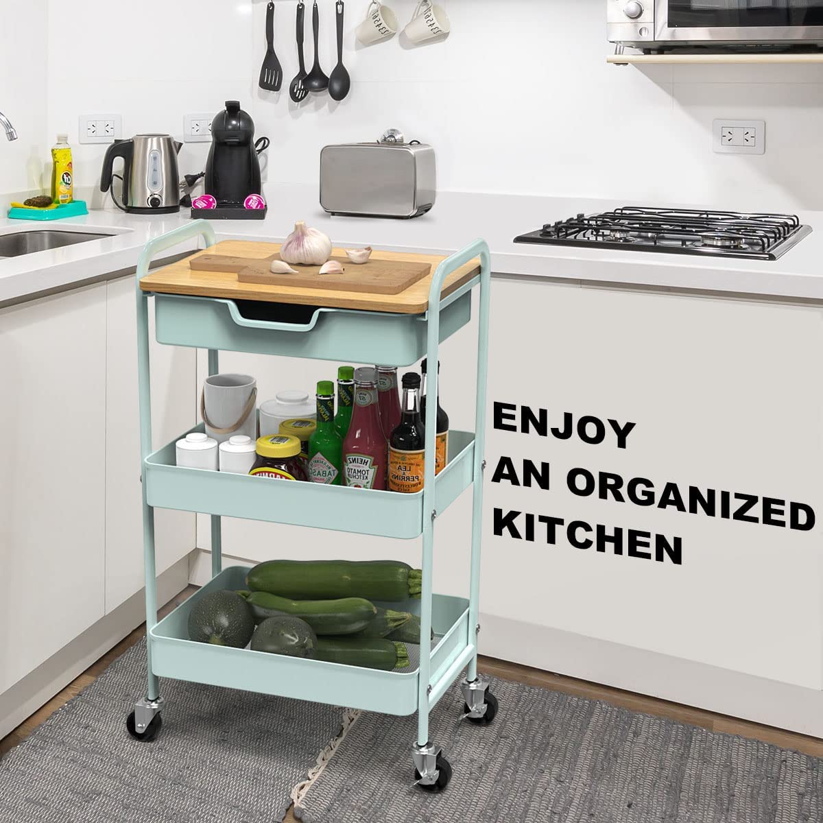 Shrivee 3-tier kitchen cart with table and drawer, multipurpose trolley, metal utility cart, shelf cart for office salon, multipurpose cosmetics, serving cart for kitchen, bathroom, office (light green)