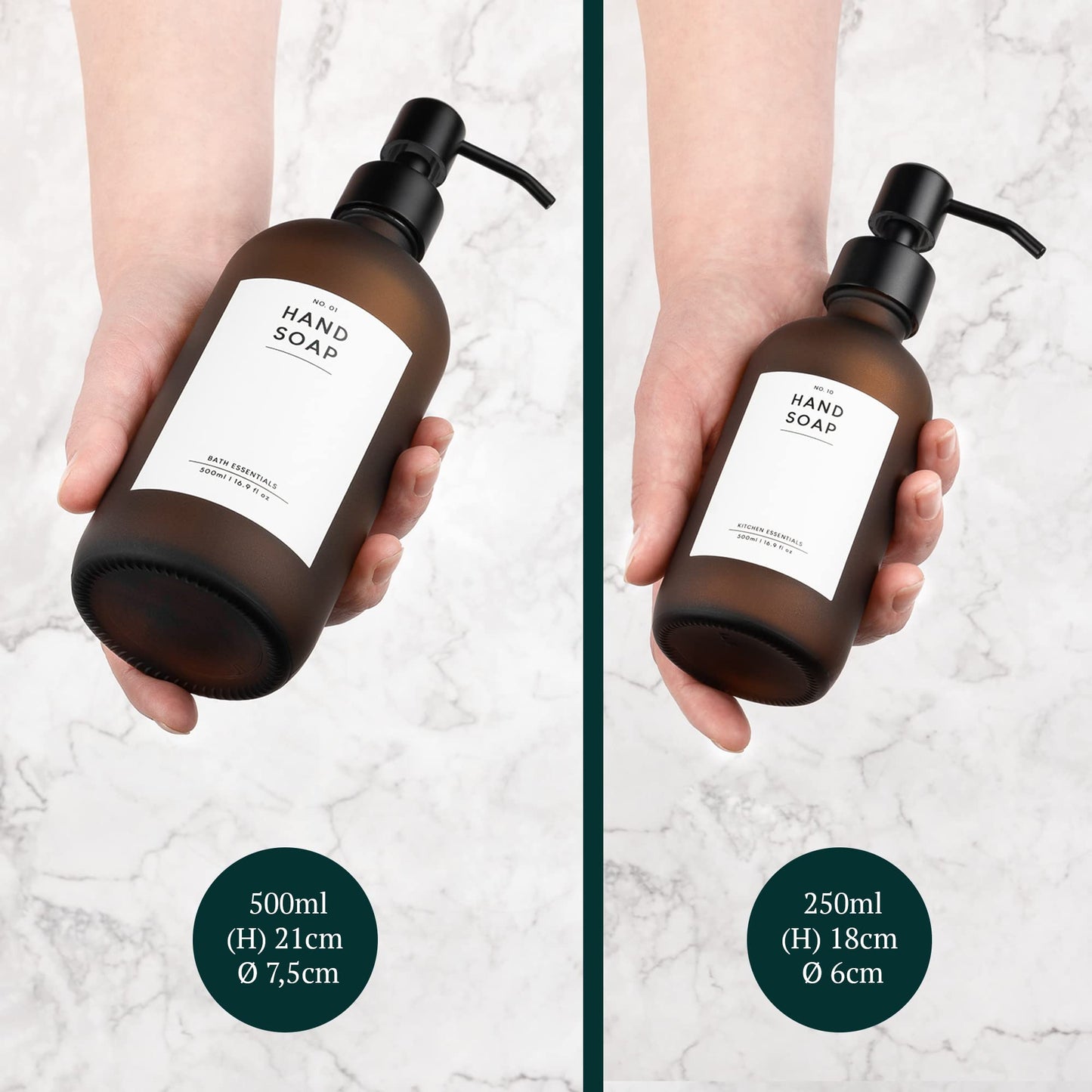 MONOKO 4-piece set soap dispenser Brown Matt made of glass | 500ml shampoo bottles for filling | Dish soap dispenser kitchen | Dispenser pump head stainless steel | Pump bottle + sticker