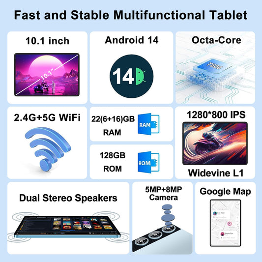 ZIOVO 10 inch tablet with 2GB RAM+128GB ROM (1TB TF), Android 14 with 5G WiFi | Widevine L1 | Octa-Core 2.0 GHz | GMS | 8000mAh | FHD 1280 * 800 | 5+8MP | BT 5.0 | AGPS | Tablet with Case - Grey