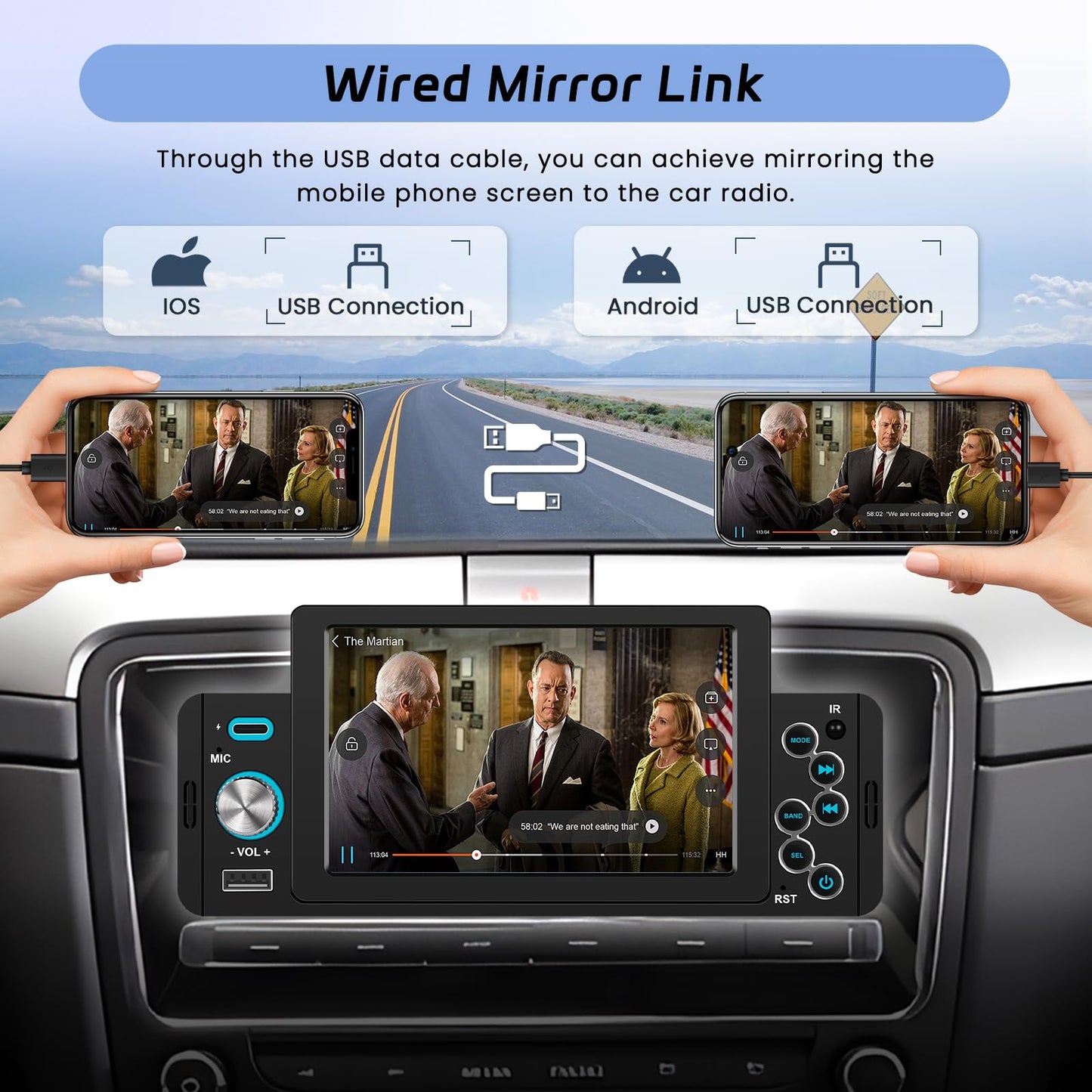 Hikity 1-Din car stereo, CarPlay Android Auto Wireless, 5" touchscreen radio, Bluetooth with reverse camera, FM radio, EQ, SWC, USB Type-C, Mirror Link.