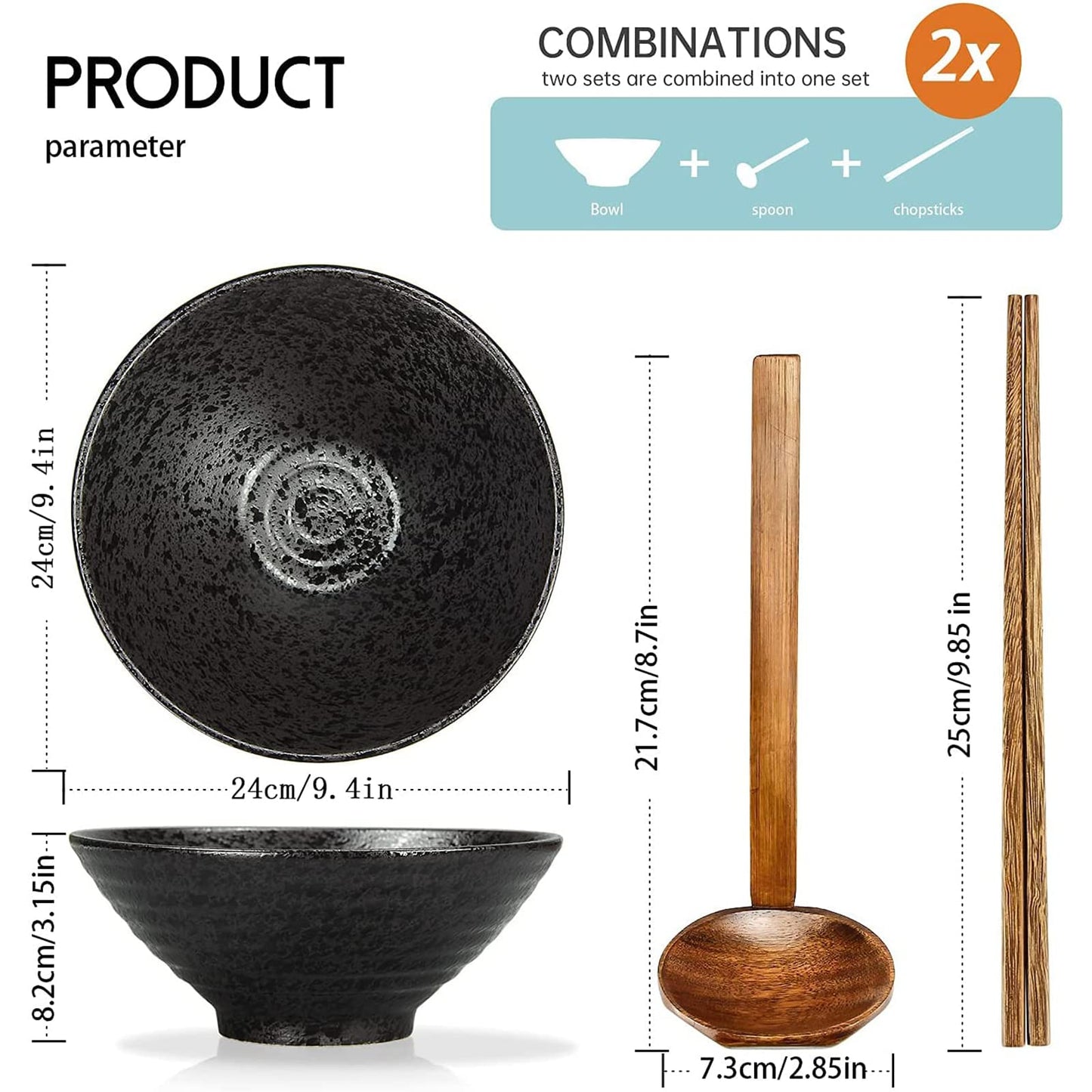 2 pieces (6-piece) porcelain ramen bowl set, 1600ml Japanese soup bowl with spoon and chopsticks, microwave and dishwasher safe, for udon Asian noodles, black 24cm (large)
