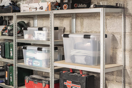 Iris Ohyama airtight plastic storage boxes with lids, 50L, set of 4, black, hermetic watertight seal, sturdy snap closures, stackable, dust protection, BPA-free, DDAT-L