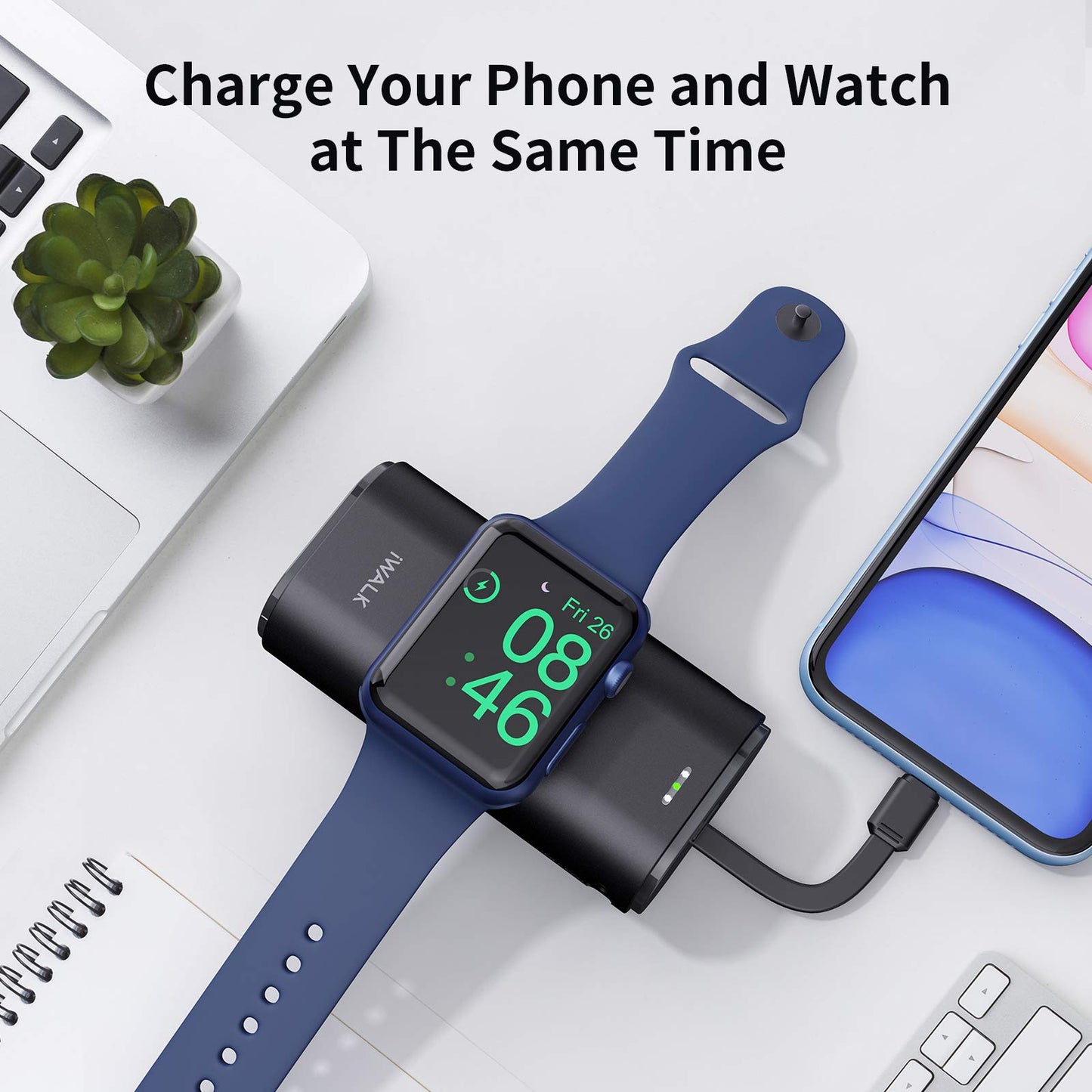 iWALK Apple Watch charging station, 3 in 1 portable charger for iPhone, 9000mAh power bank with cable for iPhone 14/13/12/11, USB-C charging port, compatible with iPhone 13/12/11/XS/XR/X/8/7/6.