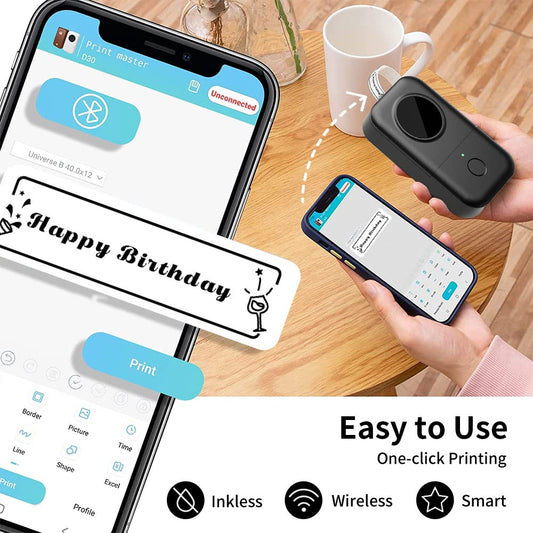 Phomemo D30 label printer, Bluetooth self-adhesive labeling machine, portable label maker, self-adhesive label printer, rechargeable, ink-free mini label printer for home, office, school.