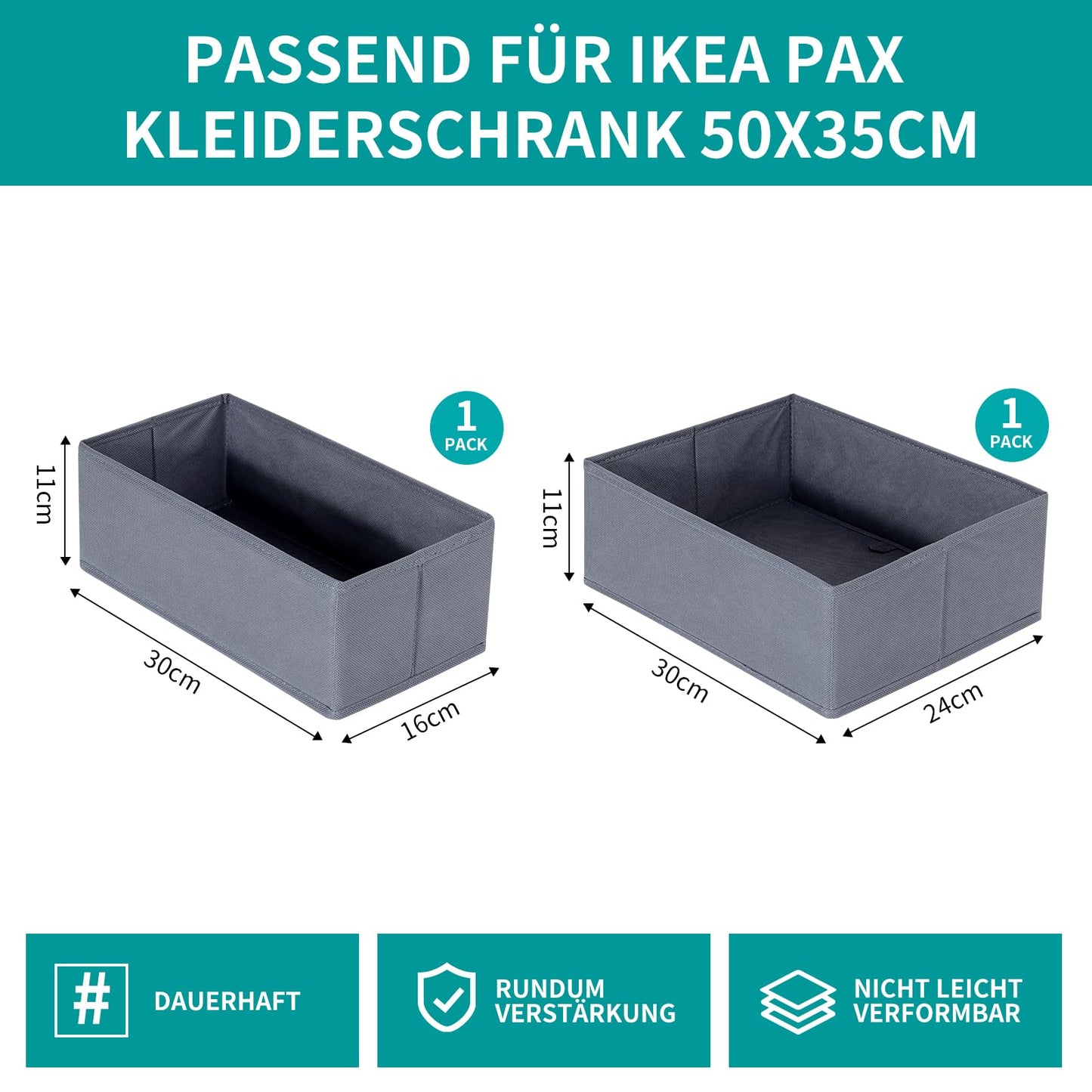 ORLISA 2-piece drawer organizer set compatible with PAX wardrobe 50x35 cm, Foldable, Sturdy, Robust storage boxes for clothing, Grey