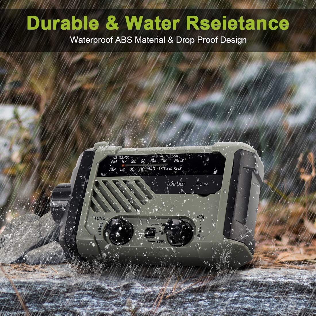 LAMA Solar Radio AM/FM crank radio emergency radio 2000mAh power bank USB rechargeable with hand crank dynamo LED lamp reading light SOS alarm for outdoor hiking camping survival travel emergency army green
