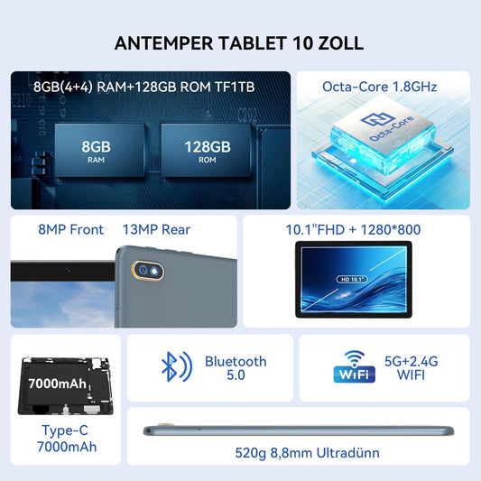 2025 Latest Android Tablet | 5G+2.4G WiFi Tablet Pc | Octa-Core 128GB ROM (TF 1TB) | 10.1" Touch Display | 3D Sound | 7000 mAh | 13+8MP | GPS | GMS Certified Tablets with Keyboard, Stylus, Case, Gray
