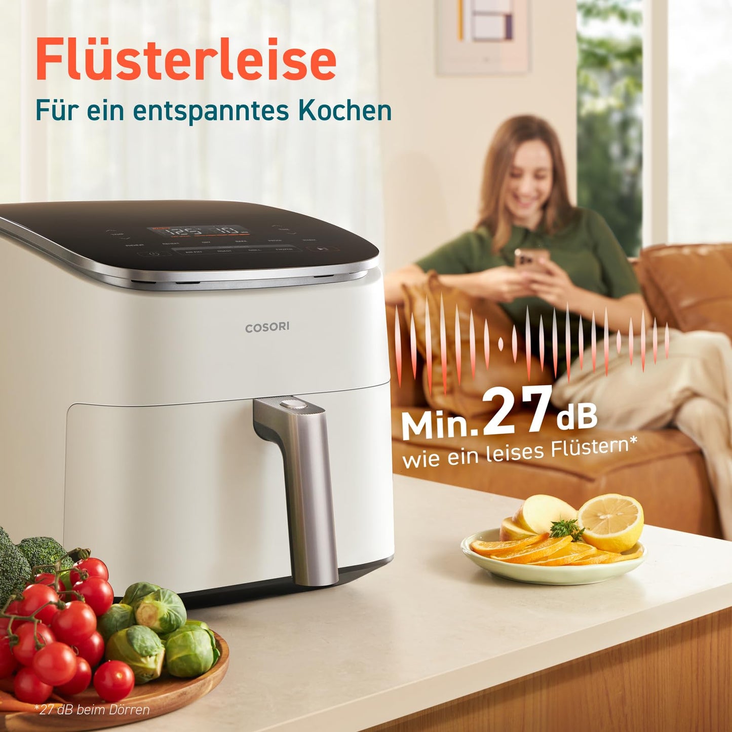 Cosori Turboblaze Hot Air Fryer Airfryer, 9-in-1 Air Fryer XXL 6L, quiet DC motor with 5 speed settings, grilling, baking, fermenting, dehydrating, 87 recipes, 64% energy saving, White