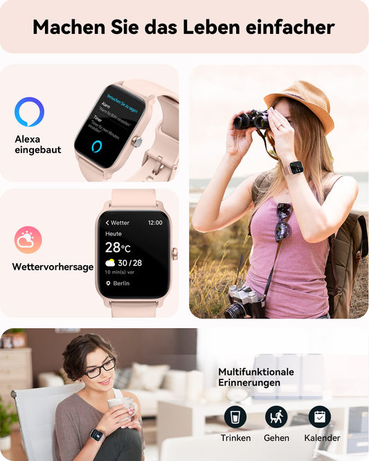 Women's smartwatch with phone function, 1.8" fitness watch for women with Alexa integrated heart rate/sleep/SpO2 monitor, pedometer watch for women with IP68 waterproof rating, 100+ sports modes, compatible with Android & IOS.