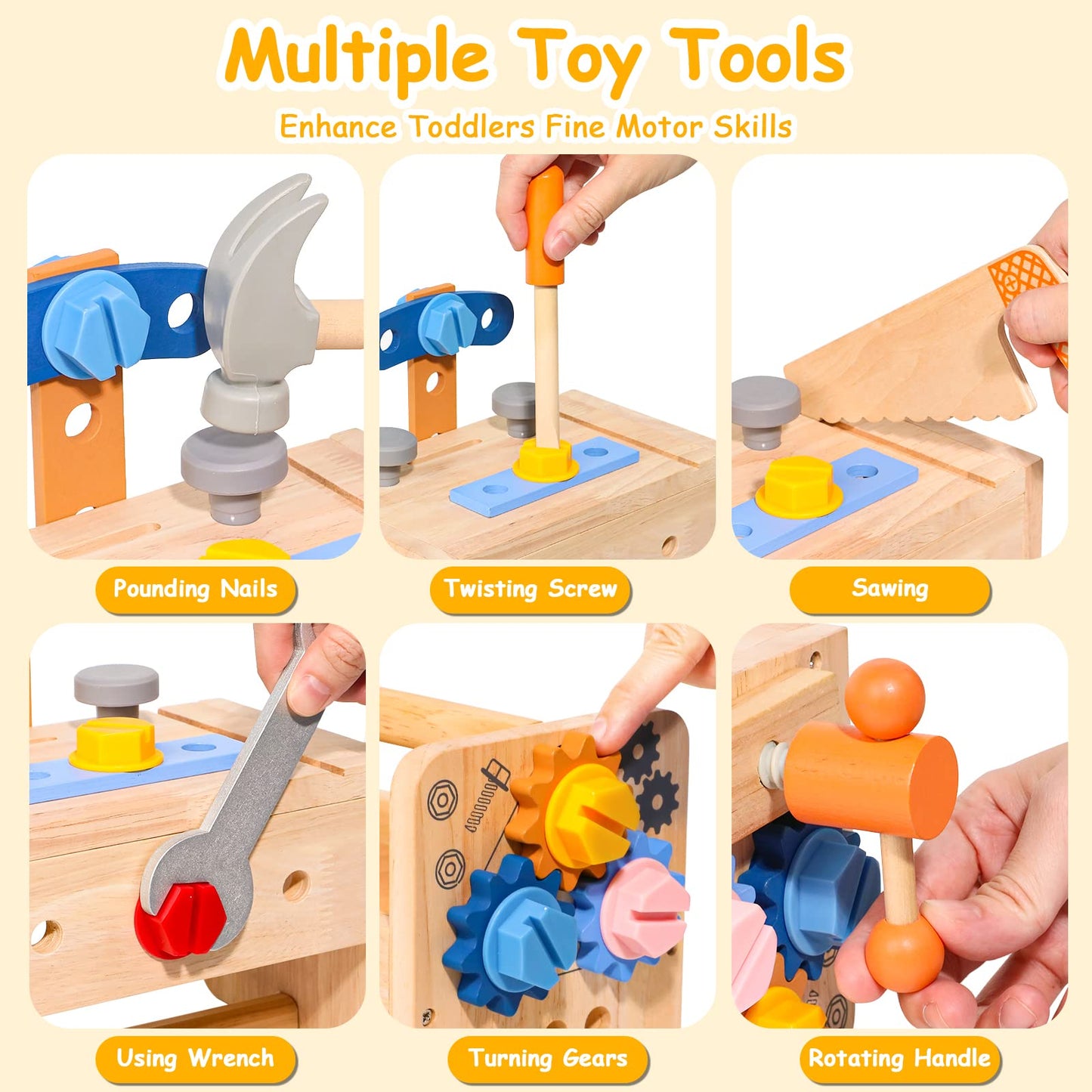 hifunti Tool Set Kids Workbench Montessori Toy from 2 Years Wooden Toolbox Gifts for 2 3 4 Year Old Boys Girls with Apron Learning Games Children's Toys from 3 4 Years (39 Pieces)
