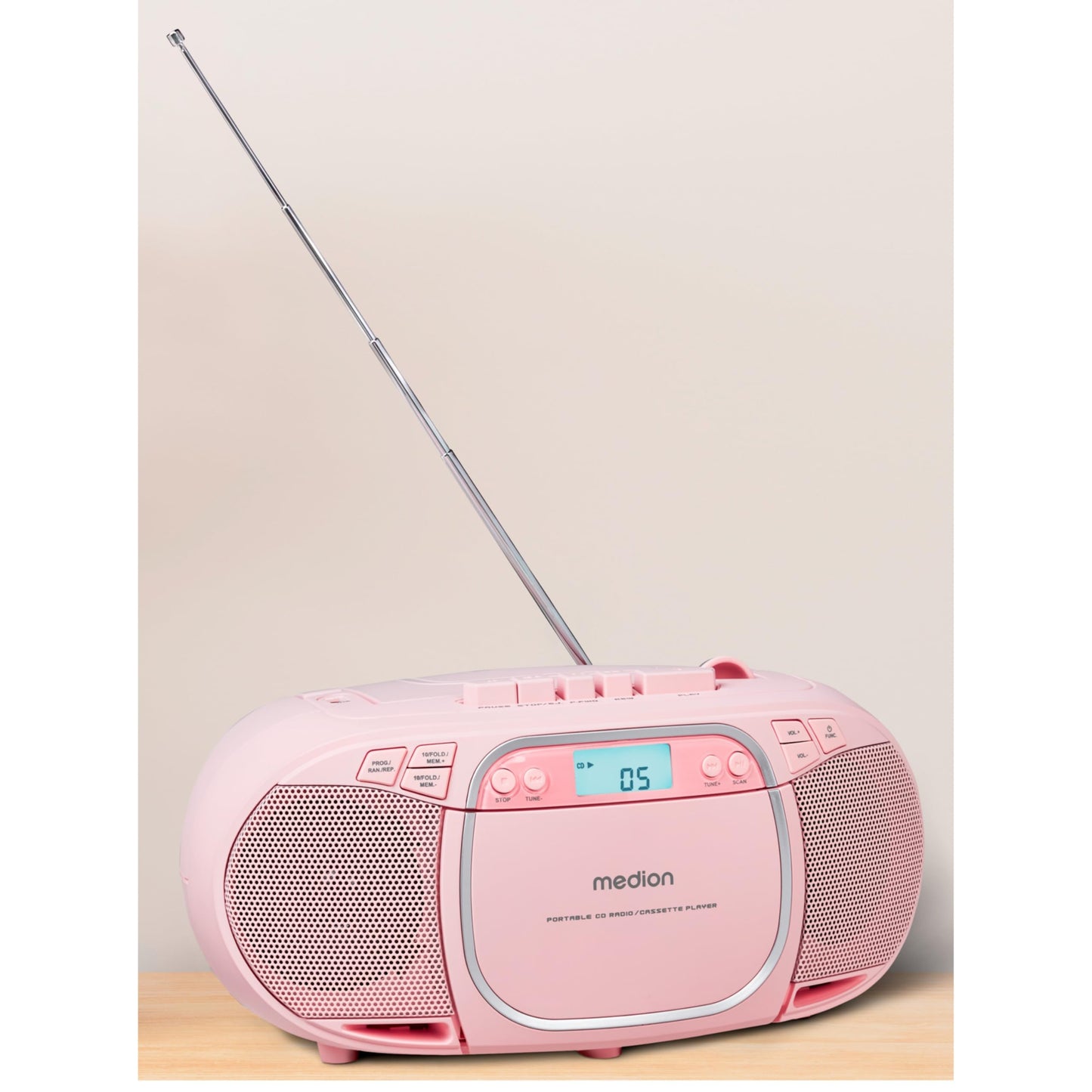 MEDION E66476 Stereo Sound System (Boombox, CD player, MP3, cassette, portable cassette player for kids, FM radio, AUX, headphones, mains & battery operation) Pink