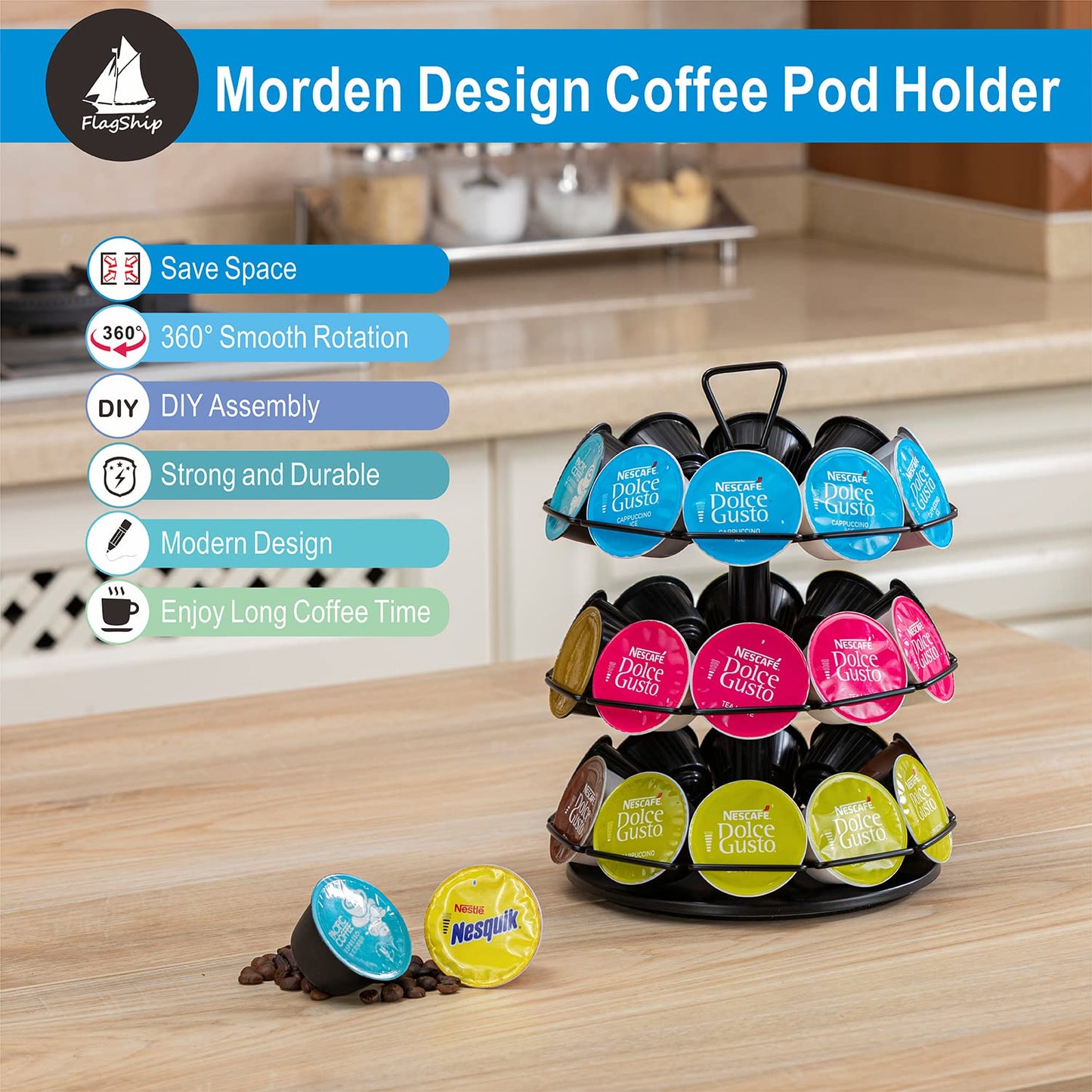 Flagship coffee capsule holder carousel 3 floors for Dolce Gusto capsule holder metal DIY install small for Nescafe Dolce Gusto (30 capsules)