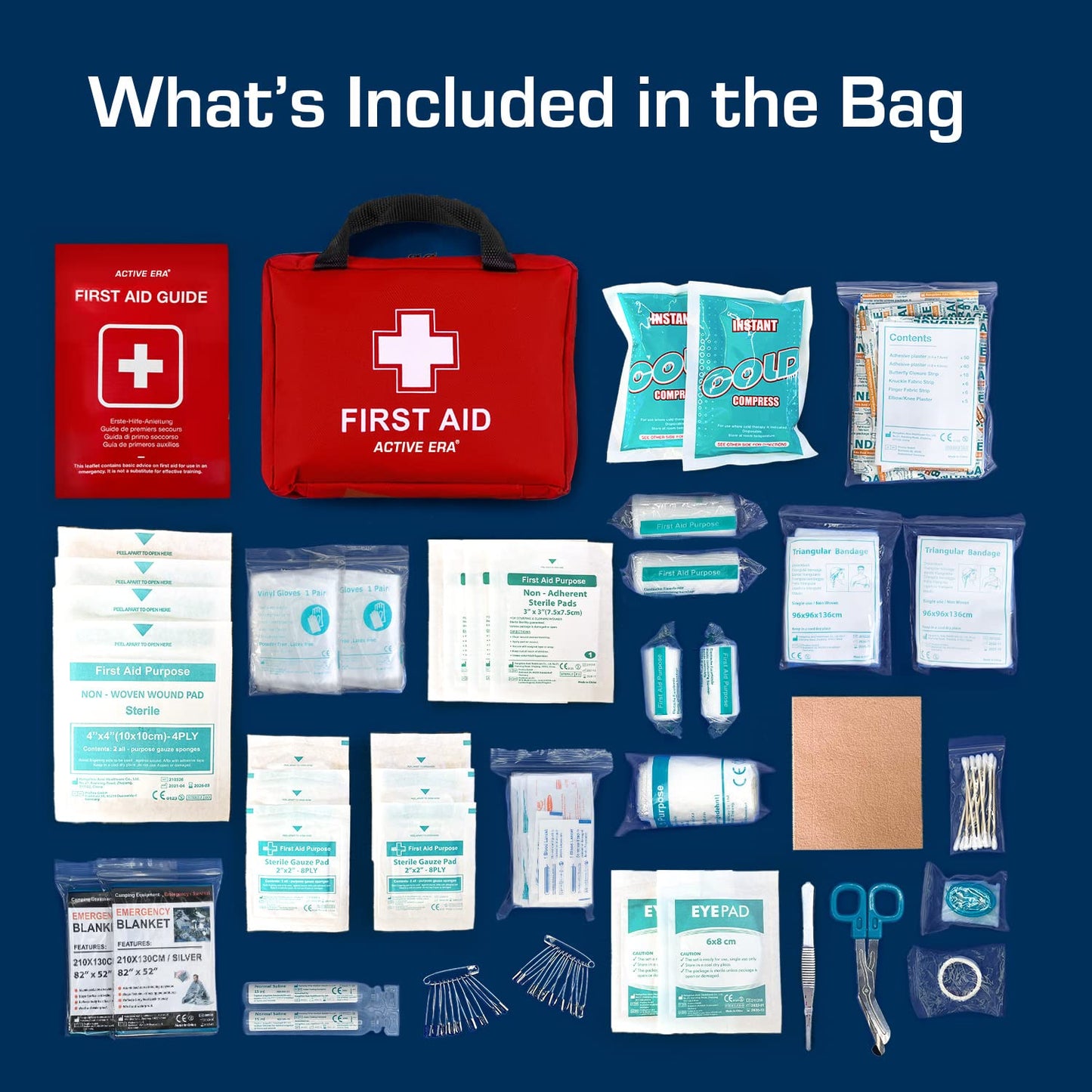 Active Era First Aid Kit, 220-piece premium first aid bag - first aid kit including instant cold packs, eye wash, bandages, rescue blanket for home, office - First Aid Kit ISO 13485.