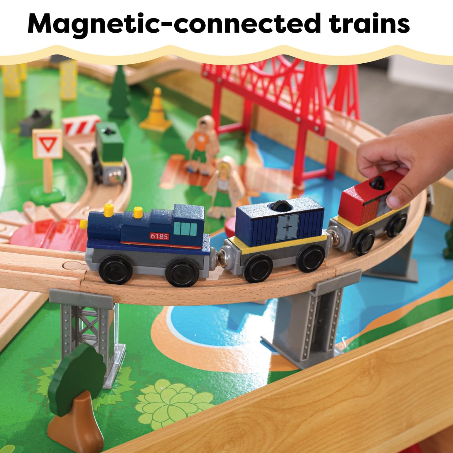 KidKraft Wood Train and Play Table Waterfall Mountain with storage box, train set with accessories and construction vehicles, airplane and train toys for children 3+ years old, 17850
