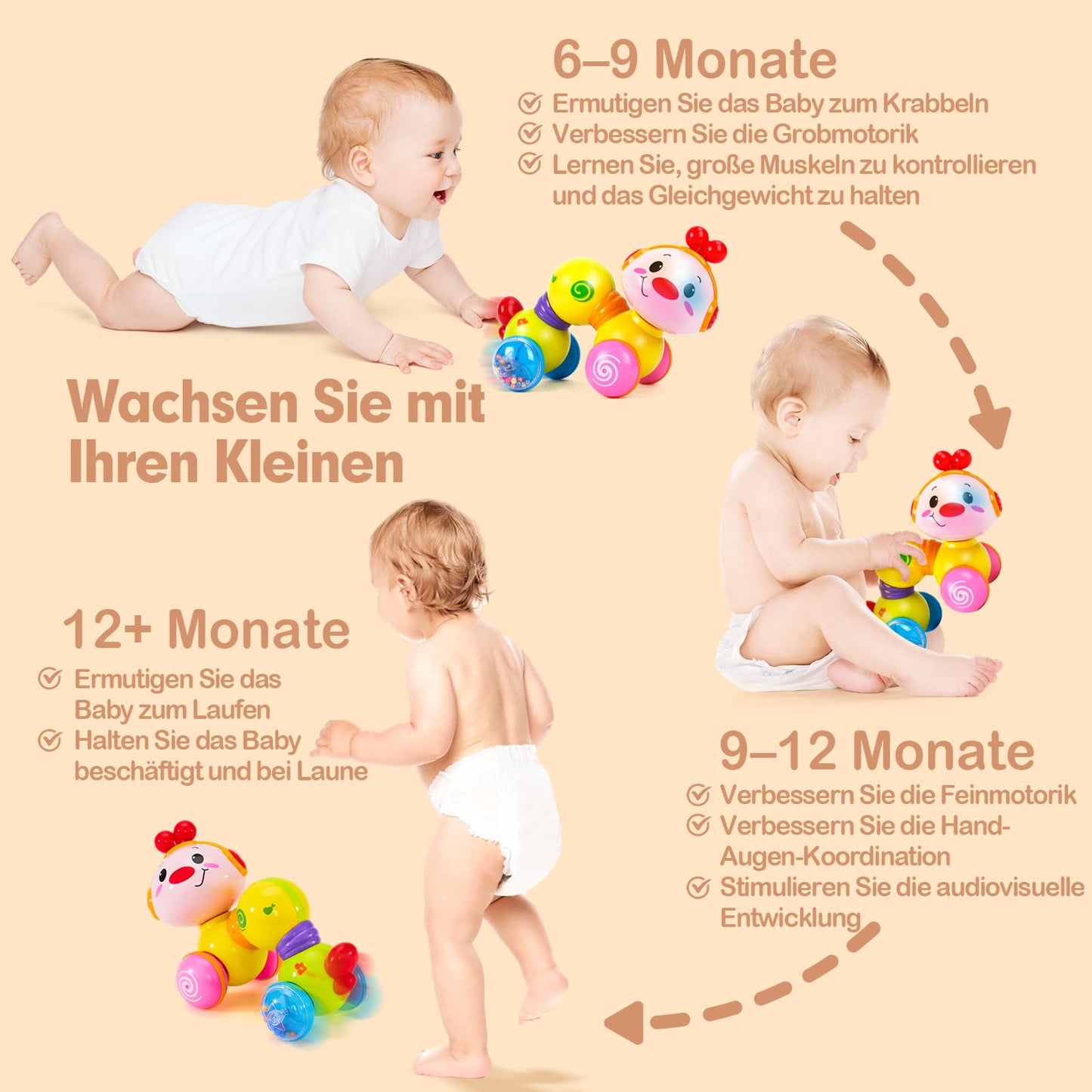 CubicFun Musical Baby Toy Caterpillar for 6-8-9-12 months, crawling toy with light & sound, interactive crawling caterpillar baby toy for 6 8 9 12 months, tummy time toys for boys girls