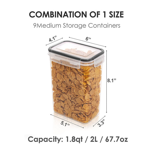 Vtopmart 2L Storage Container Set, Cereal Dispenser & Food Storage Containers, BPA free plastic, airtight, dry food storage container, set of 9, 24 labels for grains, flour, sugar, etc. (Black)