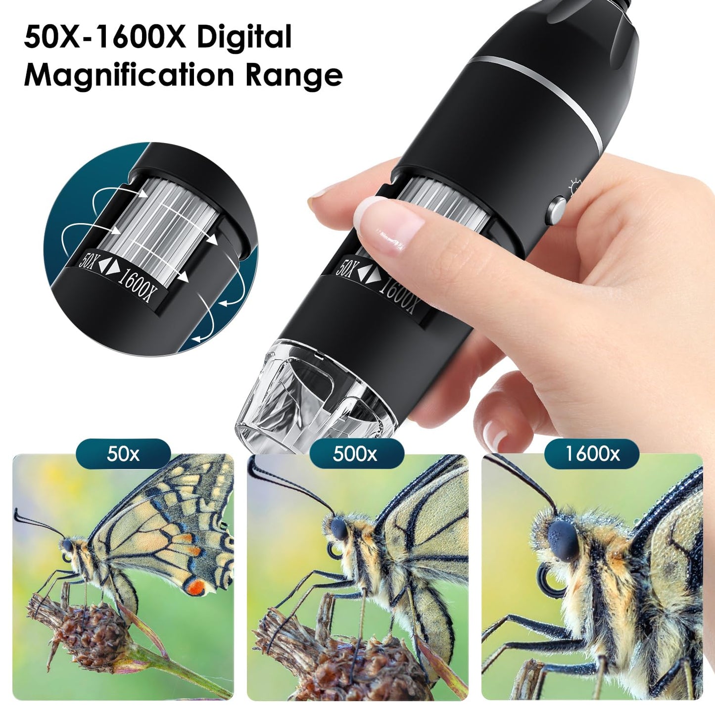 USB Digital Microscope, SKYBASIC handheld HD inspection camera with 50-1600x magnification and adjustable stand, 8 LED lights, compatible with iOS and Android devices.