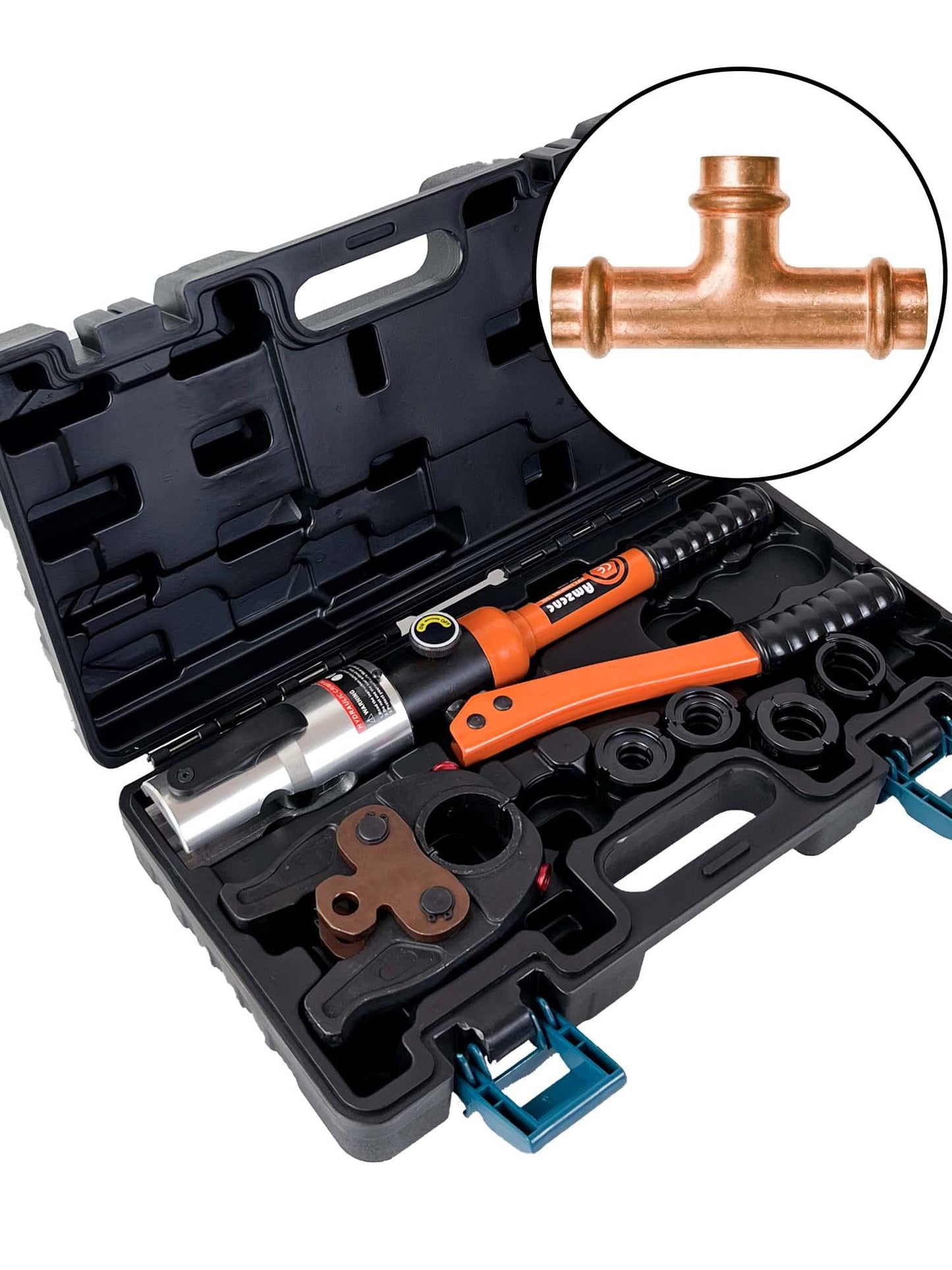 AMZCNC Professional Hydraulic Press Tool V-Contour(SC-Contour) 12-15-18-22-28 Set Press Tool HPZ with 180° rotatable head, for copper pipe, C-steel pipe, stainless steel pipe, jaw inserts V.