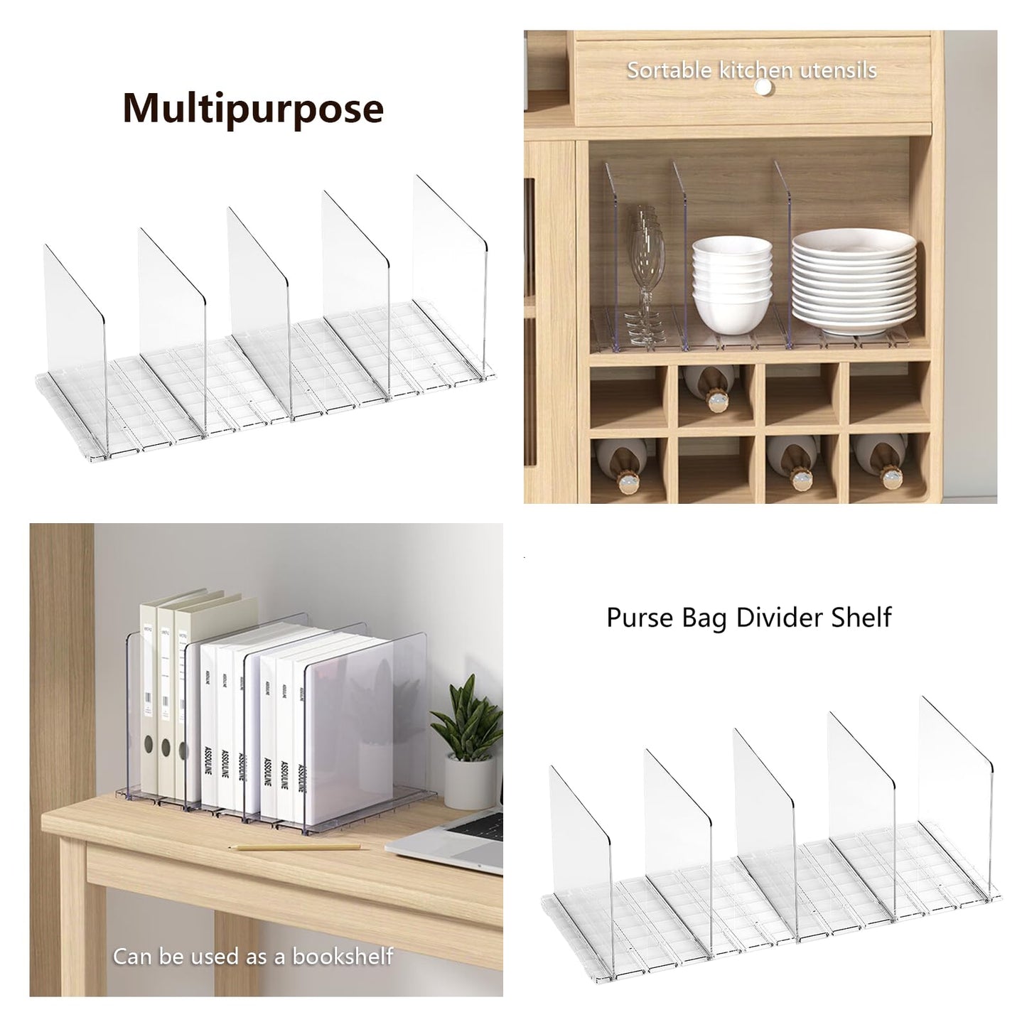 5 transparent plastic shelf dividers for cabinets, perfect for handbags, wallets, clothing, and more. Removable and ideal for organizing bedroom, kitchen, or office cabinets.