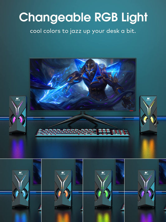 OROW PC speaker, 10W RGB gaming speaker for PC. USB-powered, 3.5mm jack, desktop speaker with colorful LED light. Mini computer speaker (S201).
