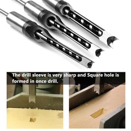 ATOPLEE Square Hole Drill Bit for Wood, 3pcs HSS Woodworking Square Mortise Drill Bit, Hole Diameter 5/16 inch (8mm), 3/8 inch (9.5mm), 1/2 inch (12.5mm) (all sizes)