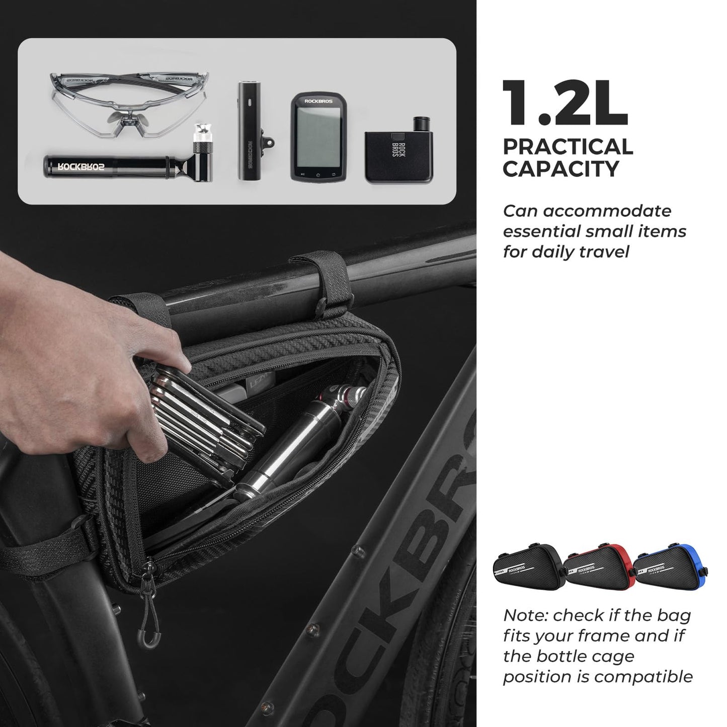 ROCKBROS Frame Bag Triangle Bag 1.2L Bicycle Bag for MTB, Road Bikes Water-Resistant Tool Bag