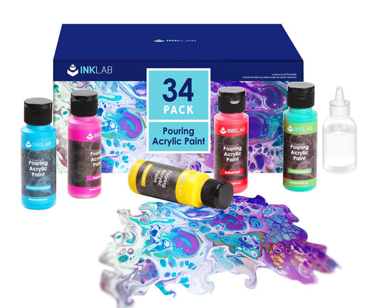 INK LAB Pouring Acrylic Paint Set 34 Colors Liquid Pouring Paint with Silicone Oil 60ml Bottles Pre-mixed Acrylic Pouring for Canvas Wood Paper Glass Stone Ceramic Tiles