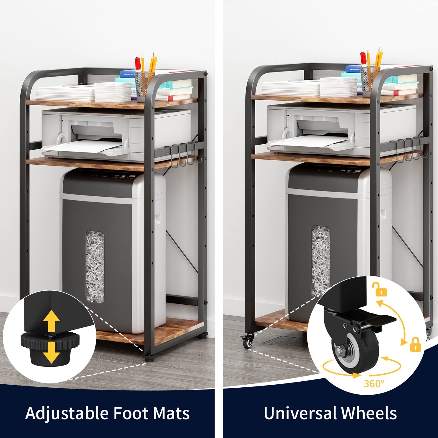DAWNYIELD 3-tier printer stand with wheels fax shredder, computer shelf adjustable height rolling storage rack for home office with 4 hooks (Vintage)