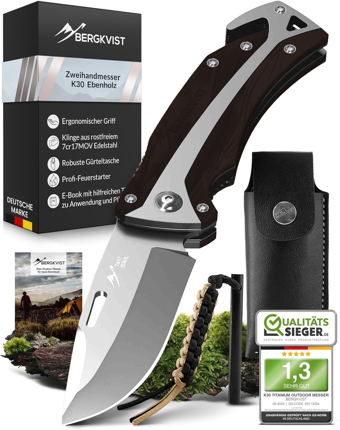 BERGKVIST® K30 Folding Knife (Two-Hand Knife) - Carry allowed in Germany - 3-in-1 pocket knife for outdoor, camping & survival with firesteel & belt pouch - Handle made of ebony