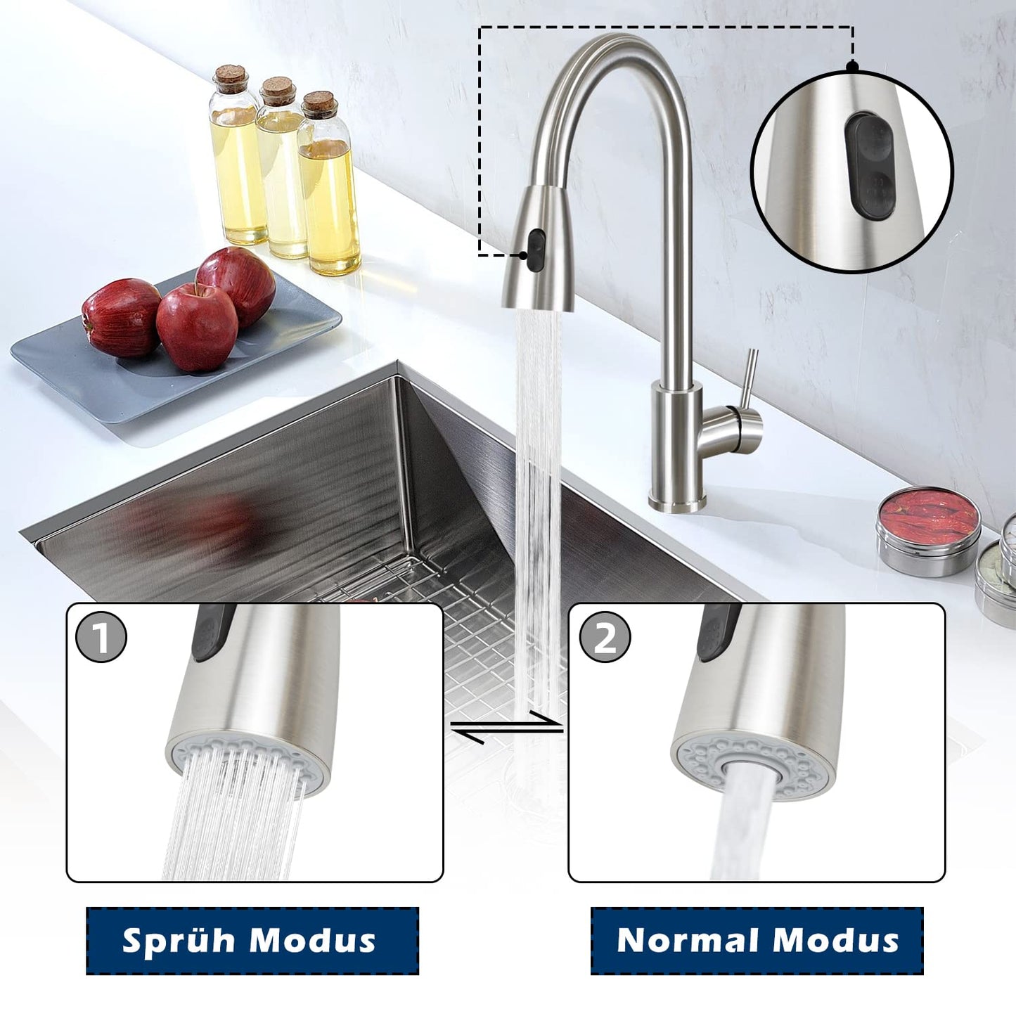 Kitchen faucet high pressure - faucet with spray sink mixer tap pull-out 360° swivel stainless steel dual function kitchen tap - brushed nickel.