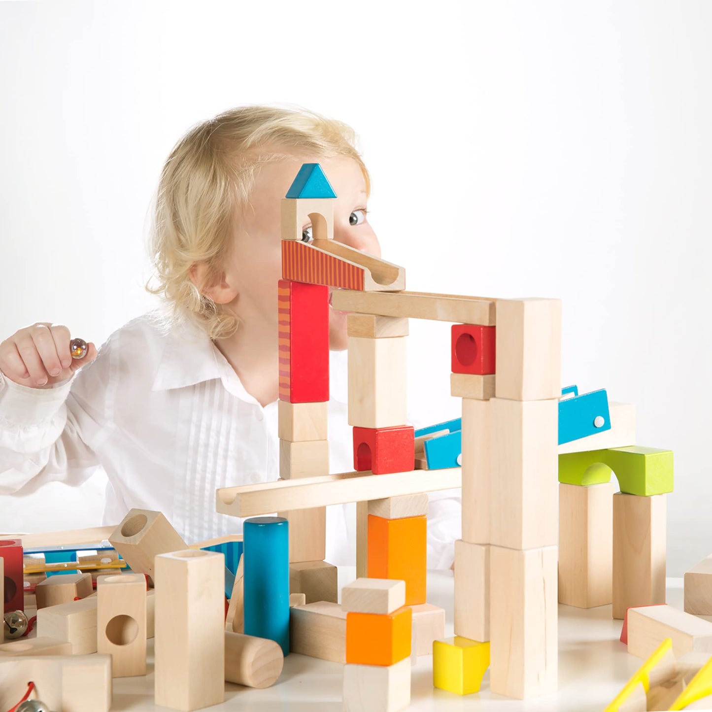 roba Ball track 100 pieces - Large wooden ball track - Marble run including building blocks with sound effects and glass marbles - Motor skills toy adjustable - Colorful wood