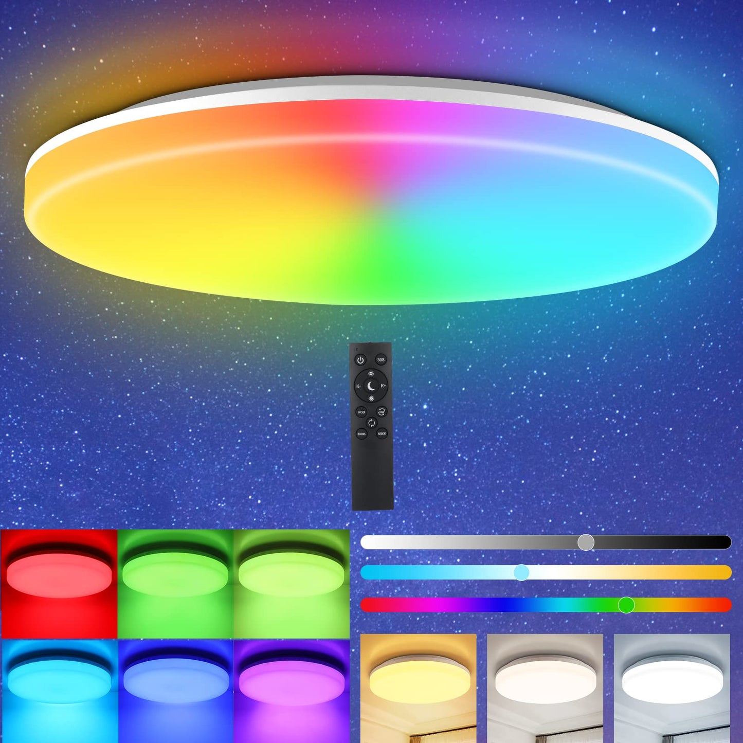 RGB LED ceiling light dimmable with remote control, 36W 3600LM ceiling lamp color change with 7 colors, IP54 waterproof bathroom light for living room, bedroom, children's room, bathroom hallway φ33*4.8cm
