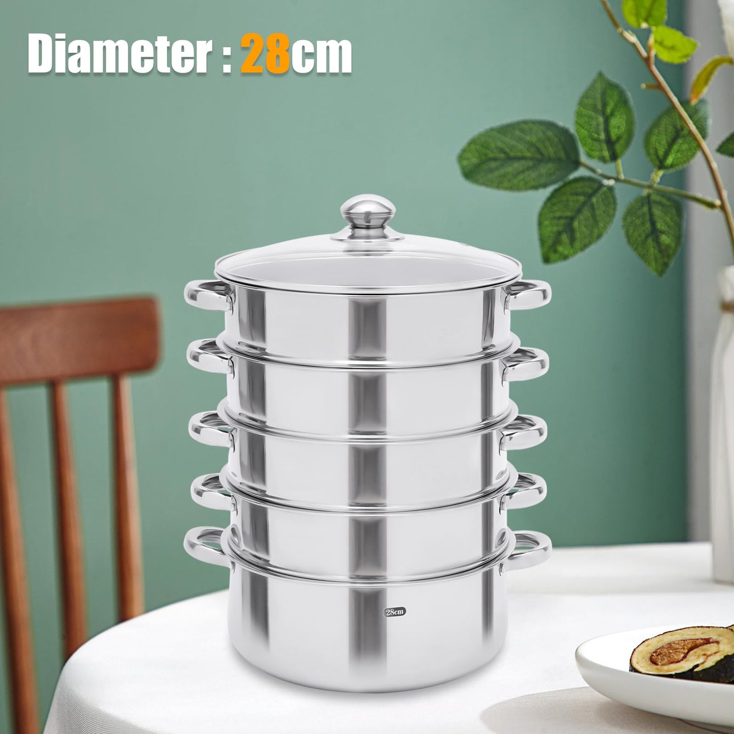 Steamer pot, 5-tier stackable stainless steel steamer pan with glass lid, diameter 26/28/30cm (28cm)