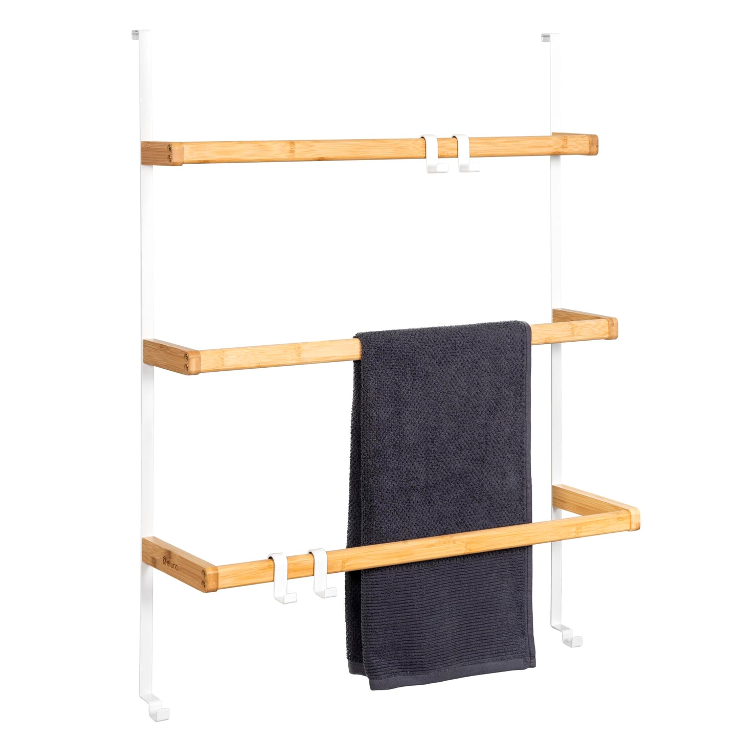 eluno Door Hanging Shelf made of metal and bamboo, door towel holder with 3 towel bars, 4 practical hooks, for hanging without drilling (White)