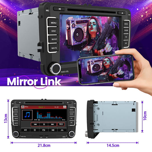 AWESAFE Radio for VW Golf 5 Golf 6, 2DIN car radio with Mirrorlink, 7 inch touchscreen monitor, SD, USB, CD DVD, and Bluetooth.